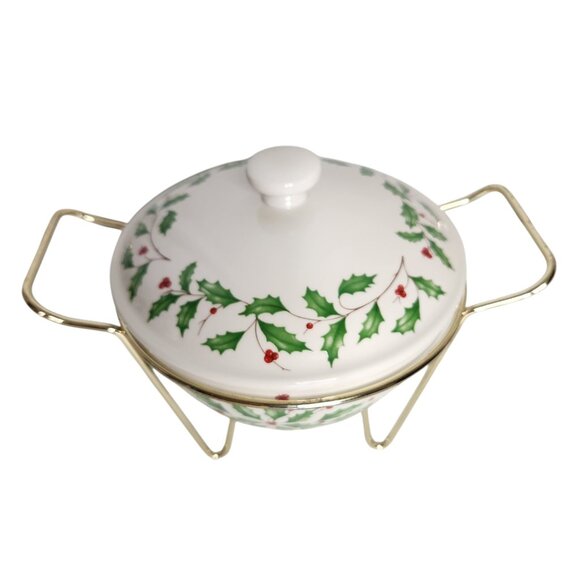 Lenox Holiday 1QT Covered Warmer with Gold Rack Holly Berry Serving Dish Bowl - Picture 2 of 9